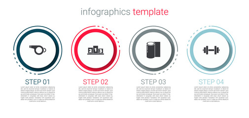 Set Whistle, Award over sports winner podium, Fitness mat roll and Dumbbell. Business infographic template. Vector