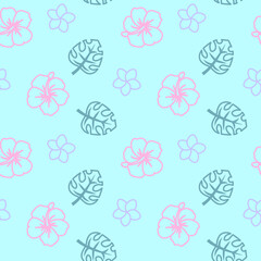 ハイビスカスとプルメリアのシームレスパターン　背景素材