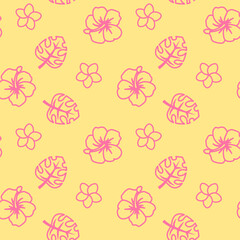 ハイビスカスのシームレスパターン　背景素材　黄色