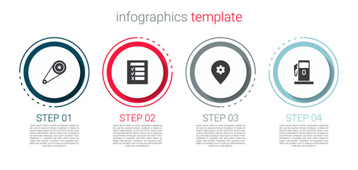 Set Timing belt kit, Car inspection, Location with car service and Petrol or Gas station. Business infographic template. Vector