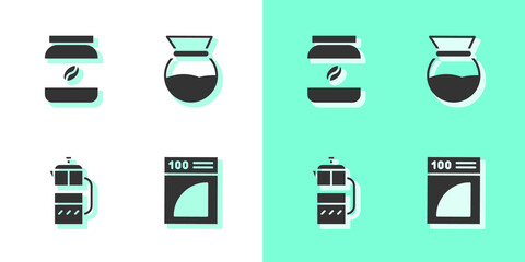 Set Coffee paper filter, jar bottle, French press and Pour over coffee maker icon. Vector