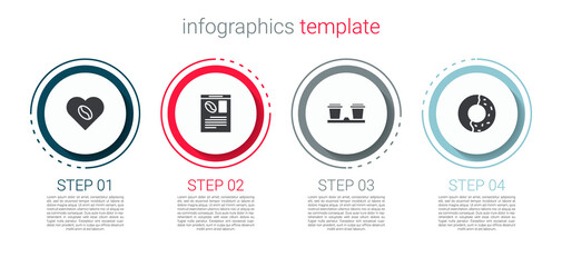 Set Coffee Lovers, Newspaper and coffee, cup to go and Donut with sweet glaze. Business infographic template. Vector