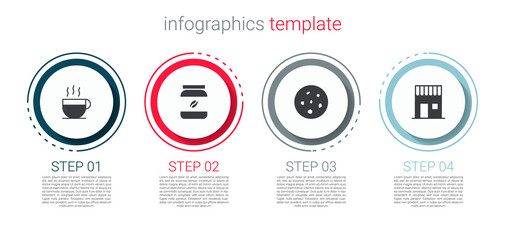 Set Coffee cup, jar bottle, Cookie or biscuit and shop. Business infographic template. Vector