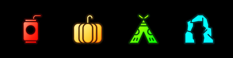 Set Soda can with straw, Pumpkin, Indian teepee or wigwam and Grand canyon icon. Vector © Kostiantyn
