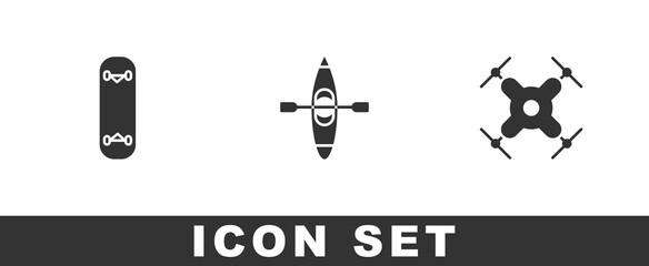 Set Skateboard trick, Kayak or canoe and Drone flying icon. Vector