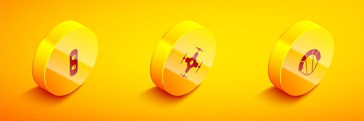 Set Isometric Snowboard, Drone flying and Parachute icon. Vector