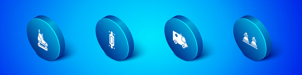 Set Isometric Skates, Ambulance and emergency car, Snowboard and Longboard or skateboard icon. Vector