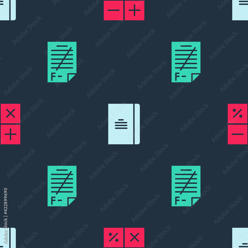 Poster set calculator, spiral notebook and exam paper with incorrect answers on seamless pattern. vector