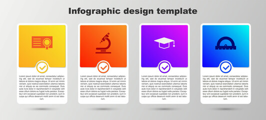 Set Certificate template, Microscope, Graduation cap and Protractor. Business infographic template. Vector