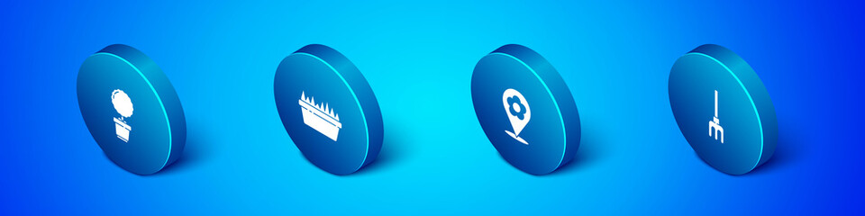 Set Isometric Flower in pot, Location with flower, Garden rake and Fresh grass rectangular icon. Vector