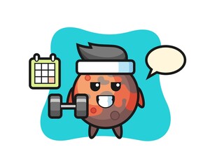 mars mascot cartoon doing fitness with dumbbell