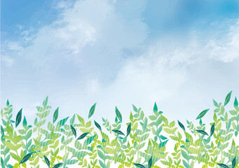 青空と新緑の水彩風背景素材
