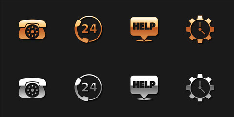 Set Telephone, 24 hours support, Speech bubble with text Help and Time Management icon. Vector