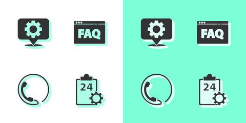 Set Checklist with 24 hours service, Location gear, Telephone support and Browser FAQ icon. Vector