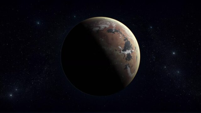 View of the alien planet. The surface of the planet has continents and oceans.