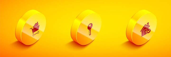 Set Isometric Shopping cart with house, House key and check mark icon. Vector