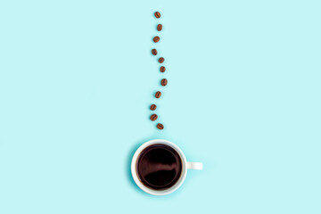 Creative composition: good morning or I love coffee. White cup with black coffee espresso and...