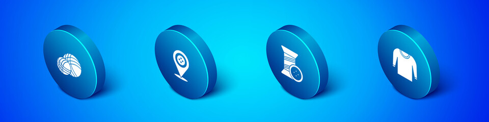 Set Isometric Yarn ball, Sewing thread and button, Sweater and Location tailor shop icon. Vector
