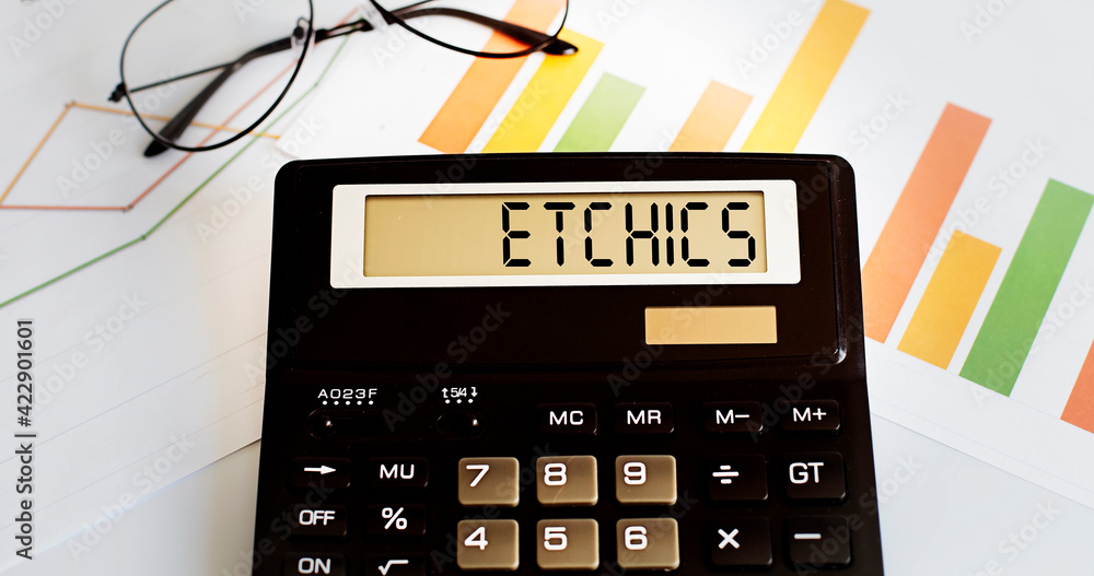 Aufkleber calculator with the word ethics on the display with chart and glasses