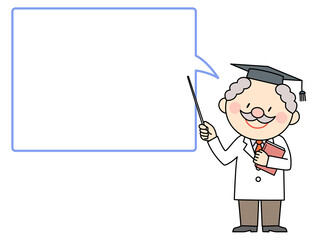 本を持って指示棒で説明する博士と吹き出し