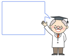 片手を上げて笑顔で説明する博士と吹き出し