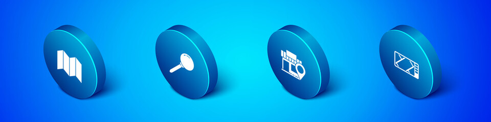 Set Isometric Folded map, Location with store, Gps device and Push pin icon. Vector