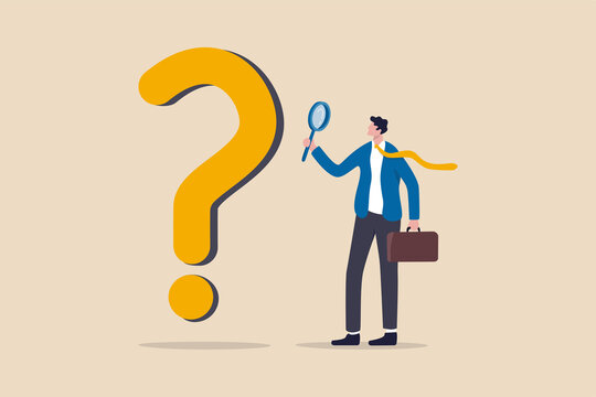 Problem and root cause analysis, research and leadership skill to find solution or answer for business problem concept, smart businessman analyst using magnifying glass to analyze question mark sign.
