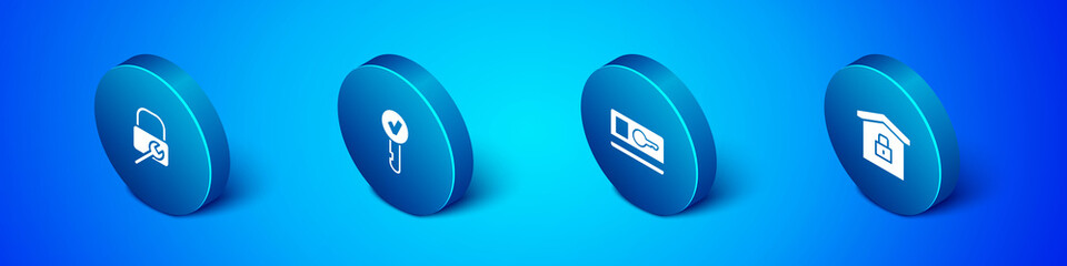 Set Isometric Lock repair, Key card, House under protection and icon. Vector