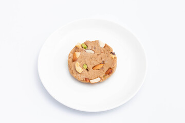 Gheewala Sohan Halwa Patti Mithai Originating From Punjab Multan Karachi Ajmer And Old Delhi India Is Made Of Pure Desi Ghee Doodh Cornflour Maida And Meetha Sugar. White Background With Copy Space