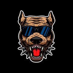 Illustration of angry  pitbull terrier head in sunglasses. Design element for logo, label, sign, emblem, poster. Vector illustration