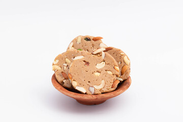 Gheewala Sohan Halwa Patti Mithai Originating From Punjab Multan Karachi Ajmer And Old Delhi India Is Made Of Pure Desi Ghee Doodh Cornflour Maida And Meetha Sugar. White Background With Copy Space