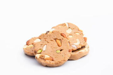 Gheewala Sohan Halwa Patti Mithai Originating From Punjab Multan Karachi Ajmer And Old Delhi India Is Made Of Pure Desi Ghee Doodh Cornflour Maida And Meetha Sugar. White Background With Copy Space