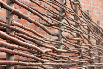 Wooden stylized horizontal fence and red brick wall as a defocused pattern