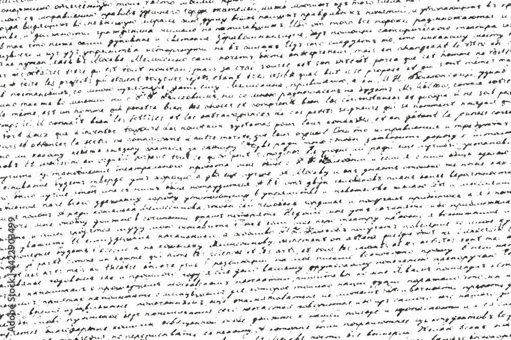 Fototapete Monochrome background of an old illegible letter with uneven lines. Damaged unreadable inked text isolated on a white background