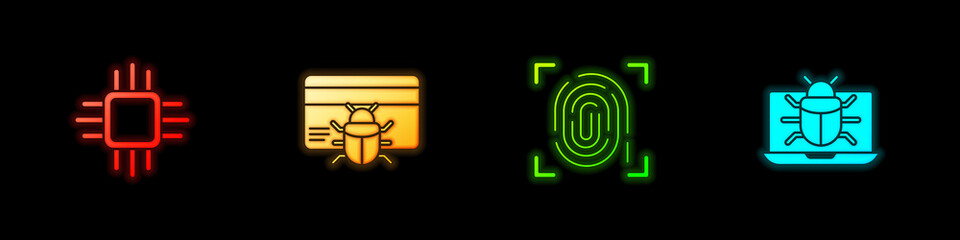 Set Processor with microcircuits CPU, System bug in credit card, Fingerprint and on monitor icon. Vector