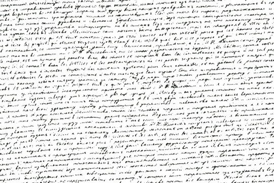 Monochrome background of an old illegible letter with uneven lines. Damaged unreadable inked text isolated on a white background