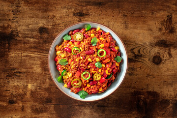Chili con carne Mexican beef stew, overhead shot
