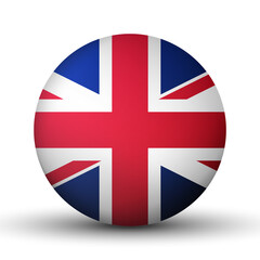 Obraz premium Glass light ball with flag of United Kingdom. Round sphere, template icon. English national symbol. Glossy realistic ball, 3D abstract vector illustration highlighted on a white background. Big bubble