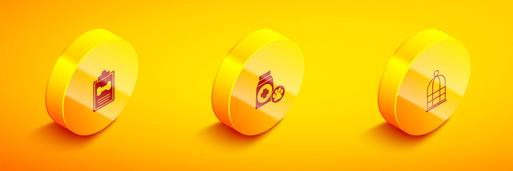 Set Isometric Clinical record pet, Bag of food and Cage for birds icon. Vector