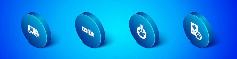 Set Isometric Veterinary ambulance, Collar with name tag, Clinical record pet and icon. Vector