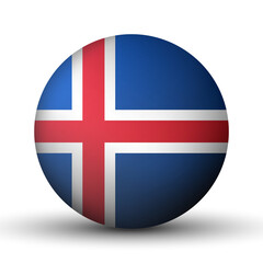 Glass light ball with flag of Iceland. Round sphere, template icon. Icelandic National symbol. Glossy realistic ball, 3D abstract vector illustration highlighted on a white background. Big bubble