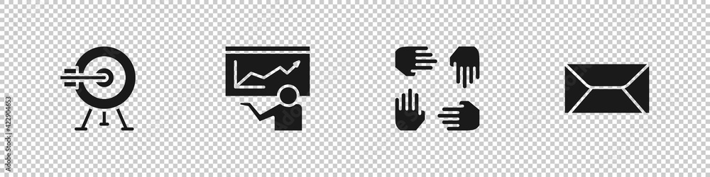 Poster set target with arrow, training, presentation, project team base and envelope icon. vector