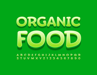 Vector quality badge Organic Food. Modern green Font. Bright Alphabet Letters and Numbers set
