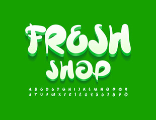 Vector bright Sign Fresh Shop. Playful 3D Font. Artistic Alphabet Letters and Numbers.