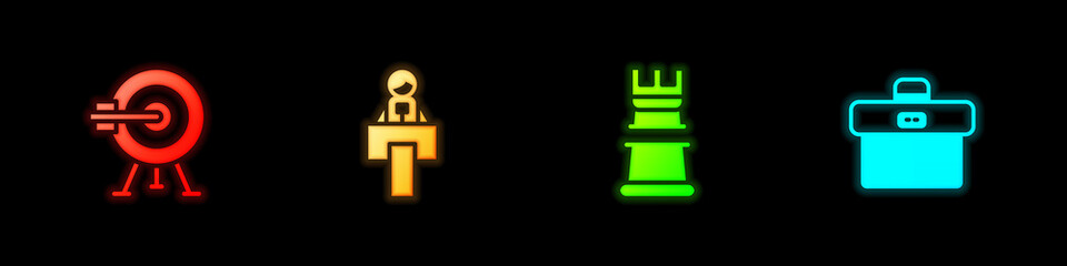 Set Target with arrow, Stage stand or tribune, Business strategy and Briefcase icon. Vector