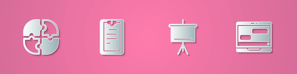 Set paper cut Piece of puzzle, Clipboard with checklist, Chalkboard and Chat messages on laptop icon. Paper art style. Vector