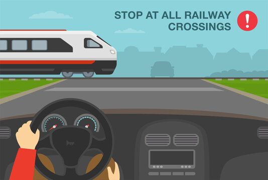 Hands driving a car. Driver is waiting at stop line express passenger train is approaching. Stop at all level or railway crossings warning design. Rail safety tips. Flat vector illustration template.