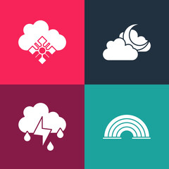 Set pop art Rainbow, Cloud with rain and lightning, moon and snow icon. Vector