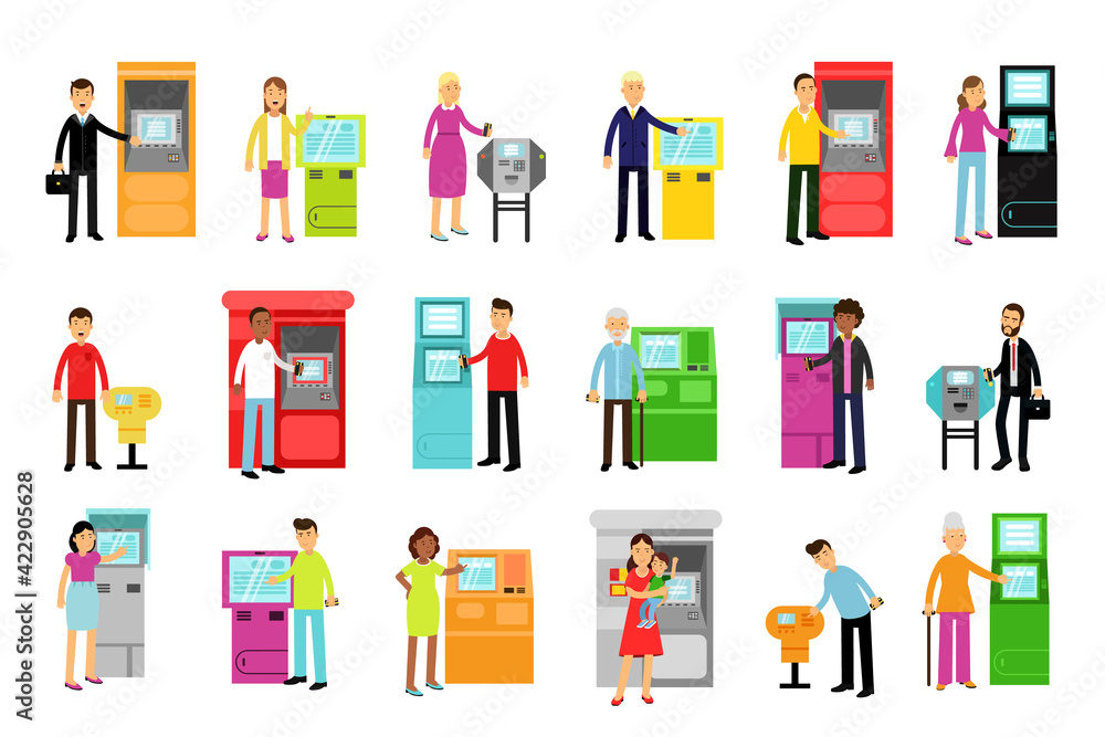Poster people characters using electronic self service terminals and atm machine vector illustration set