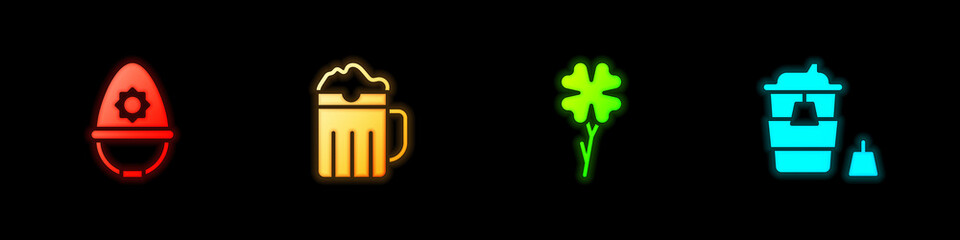 Set British police helmet, Wooden beer mug, Four leaf clover and Coffee cup to go icon. Vector